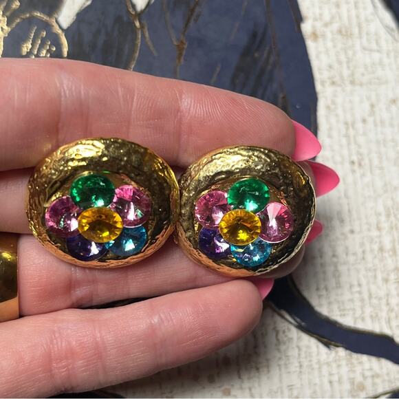 Vintage 80s 1980s Large Oversized Gold Gemstone Flower Clip Earrings D1 - Picture 7 of 10
